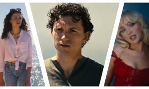 A triptych collage featuring Margaret Qualley in a tied white shirt by the sea on the left, Tom Holland with dark curly hair looking forward in the centre, and Sabrina Carpenter with blonde hair in a red corset dress on the right.