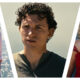 A triptych collage featuring Margaret Qualley in a tied white shirt by the sea on the left, Tom Holland with dark curly hair looking forward in the centre, and Sabrina Carpenter with blonde hair in a red corset dress on the right.
