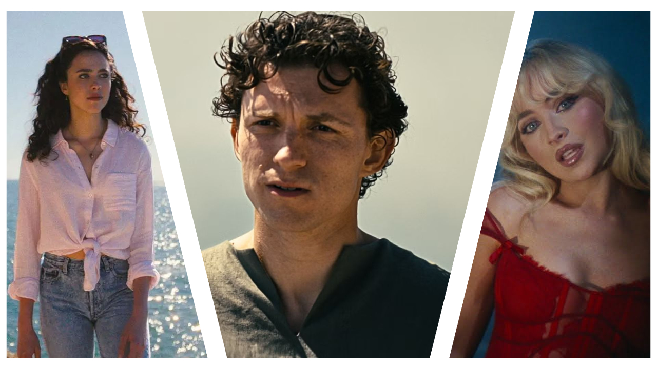 A triptych collage featuring Margaret Qualley in a tied white shirt by the sea on the left, Tom Holland with dark curly hair looking forward in the centre, and Sabrina Carpenter with blonde hair in a red corset dress on the right.
