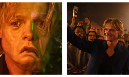 Side-by-side comparison of actor Tom Rhys Harries as Matt Hagen in Clayface: on the left, a close-up shows his face disfigured and melting under warm lighting; on the right, he smiles confidently in a blue suit while waving to a crowd.