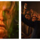 Side-by-side comparison of actor Tom Rhys Harries as Matt Hagen in Clayface: on the left, a close-up shows his face disfigured and melting under warm lighting; on the right, he smiles confidently in a blue suit while waving to a crowd.