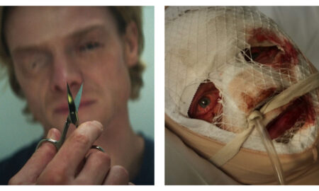 Two-panel image featuring Tom Rhys Harries as Matt Hagen: On the left, a close-up shows him holding up small scissors with a focused expression. On the right, his face is tightly wrapped in medical gauze and netting, with one bloodshot eye and lips exposed around a breathing tube.