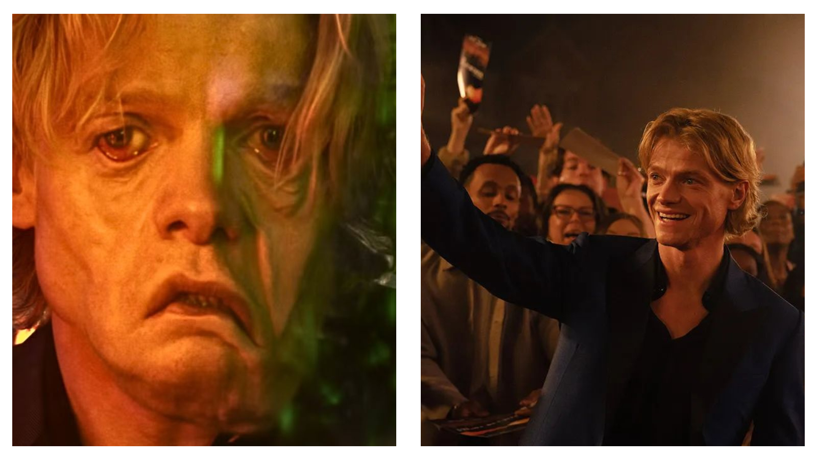 Side-by-side comparison of actor Tom Rhys Harries as Matt Hagen in Clayface: on the left, a close-up shows his face disfigured and melting under warm lighting; on the right, he smiles confidently in a blue suit while waving to a crowd.