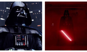 A side-by-side comparison of Darth Vader: on the left, a close-up portrait highlighting his black helmet and chest control panel, and on the right, his full-body silhouette standing in a dark, red-lit corridor holding an ignited red lightsaber.
