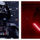 A side-by-side comparison of Darth Vader: on the left, a close-up portrait highlighting his black helmet and chest control panel, and on the right, his full-body silhouette standing in a dark, red-lit corridor holding an ignited red lightsaber.