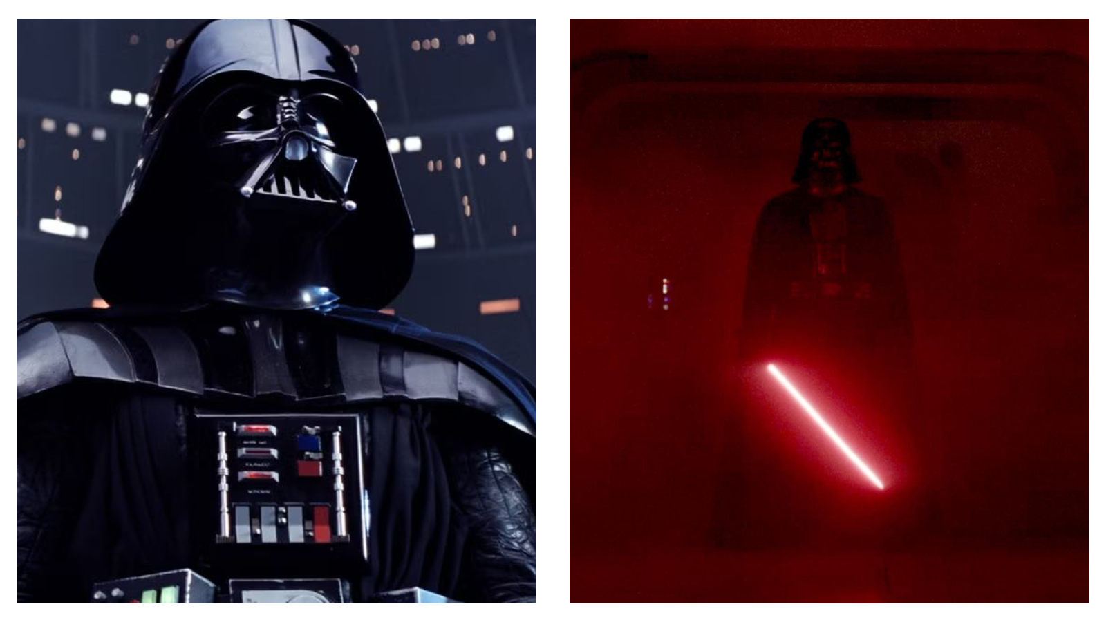 A side-by-side comparison of Darth Vader: on the left, a close-up portrait highlighting his black helmet and chest control panel, and on the right, his full-body silhouette standing in a dark, red-lit corridor holding an ignited red lightsaber.