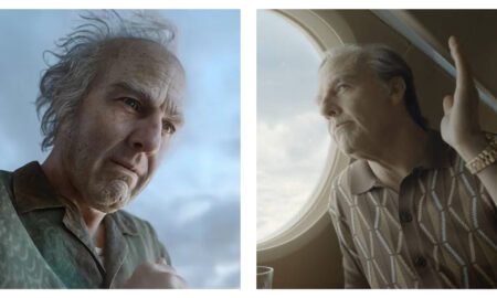 A side-by-side comparison of Tom Cruise transformed as Digger Rockwell in the film 'Digger'. On the left, he glares intently downwards; on the right, he gazes out an airplane window while raising a hand wearing a gold watch.