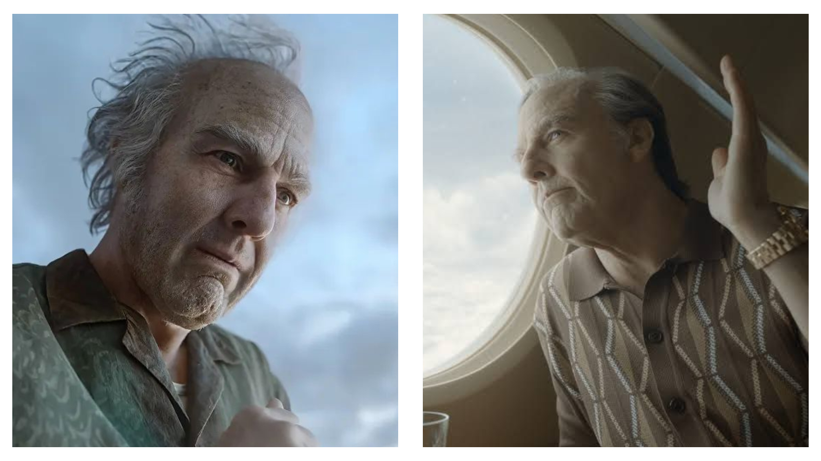 A side-by-side comparison of Tom Cruise transformed as Digger Rockwell in the film 'Digger'. On the left, he glares intently downwards; on the right, he gazes out an airplane window while raising a hand wearing a gold watch.