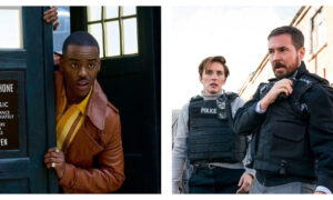 Ncuti Gatwa as the Fifteenth Doctor peeking out of the TARDIS doors on the left, next to Vicky McClure and Martin Compston in Line of Duty wearing police tactical gear holding radios on the right.