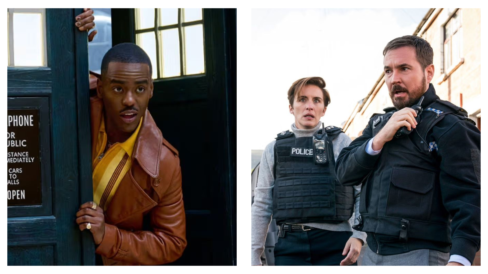 Ncuti Gatwa as the Fifteenth Doctor peeking out of the TARDIS doors on the left, next to Vicky McClure and Martin Compston in Line of Duty wearing police tactical gear holding radios on the right.