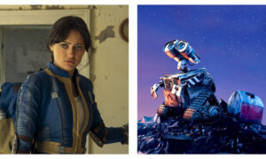 Lucy from Fallout in a blue and yellow vault jumpsuit looking determined indoors, alongside WALL-E on a pile of scrap metal under a starry night sky.