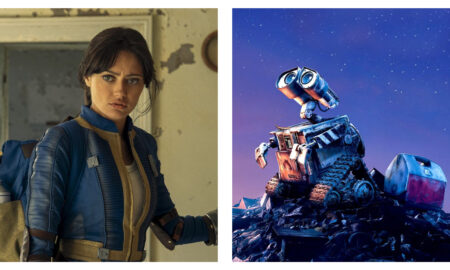 Lucy from Fallout in a blue and yellow vault jumpsuit looking determined indoors, alongside WALL-E on a pile of scrap metal under a starry night sky.