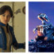Lucy from Fallout in a blue and yellow vault jumpsuit looking determined indoors, alongside WALL-E on a pile of scrap metal under a starry night sky.