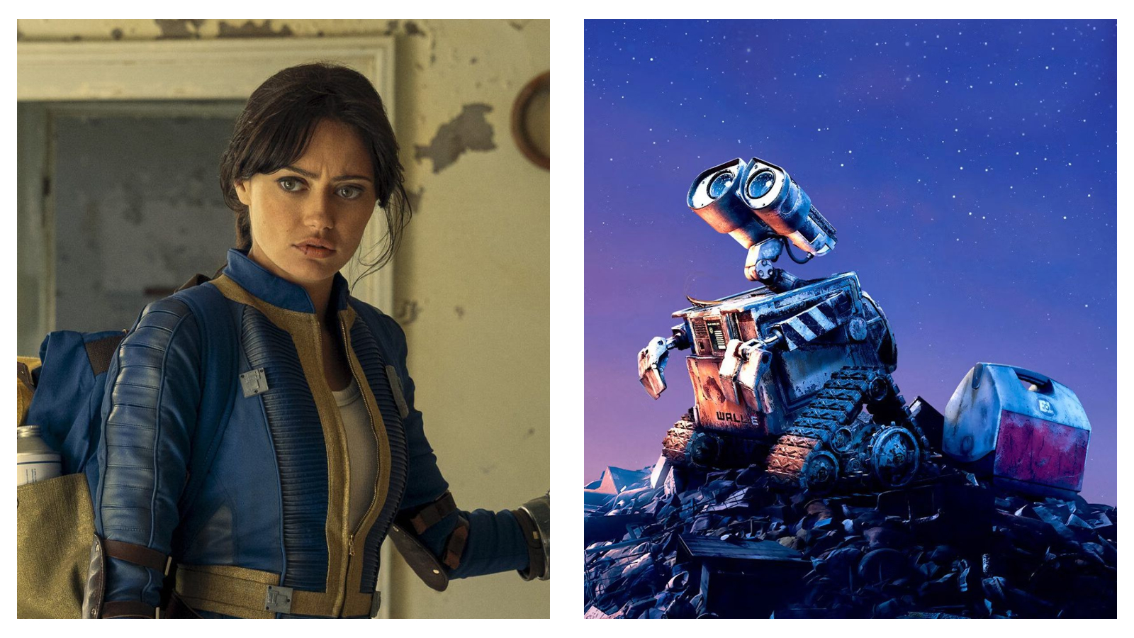 Lucy from Fallout in a blue and yellow vault jumpsuit looking determined indoors, alongside WALL-E on a pile of scrap metal under a starry night sky.