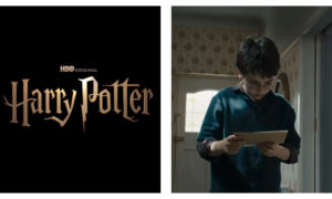 Two-panel image: On the left, the gold "HBO ORIGINAL" title logo for "Harry Potter" set against a plain black background. On the right, Dominic McLaughlin as Harry Potter in HBO's Harry Potter and the Philosopher's Stone wears round spectacles and a dark blue top while looking down intently at a letter.