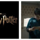 Two-panel image: On the left, the gold "HBO ORIGINAL" title logo for "Harry Potter" set against a plain black background. On the right, Dominic McLaughlin as Harry Potter in HBO's Harry Potter and the Philosopher's Stone wears round spectacles and a dark blue top while looking down intently at a letter.