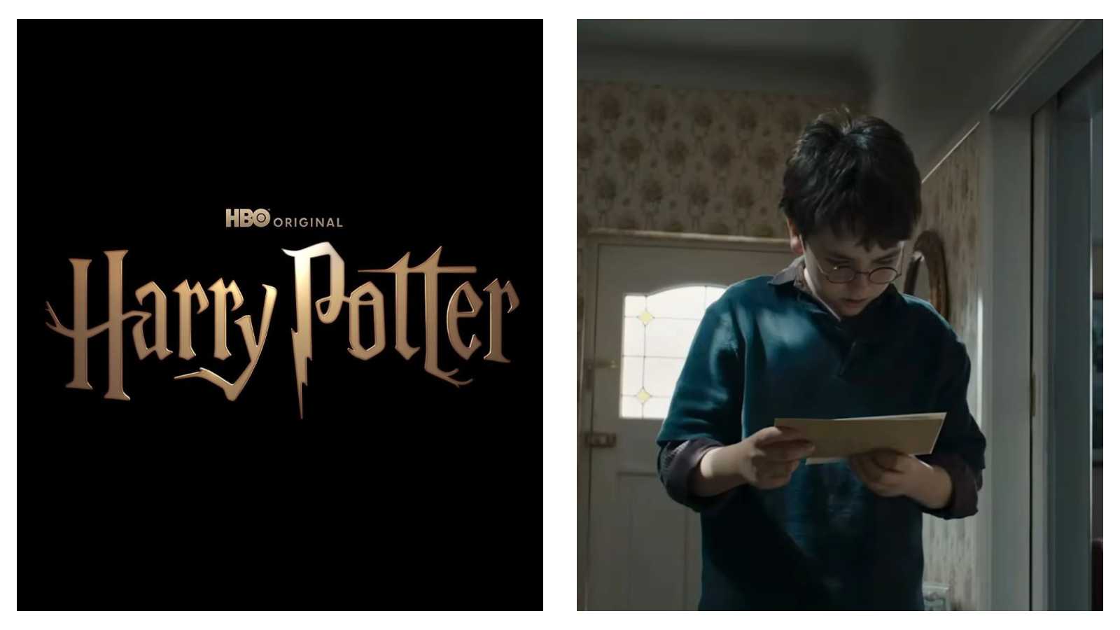 Two-panel image: On the left, the gold "HBO ORIGINAL" title logo for "Harry Potter" set against a plain black background. On the right, Dominic McLaughlin as Harry Potter in HBO's Harry Potter and the Philosopher's Stone wears round spectacles and a dark blue top while looking down intently at a letter.