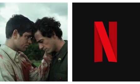 Two men with dark hair standing close outdoors under an overcast sky, with their foreheads touching; the man on the left wears a blood-stained light shirt, and the Netflix red "N" logo appears on a black background to the right.