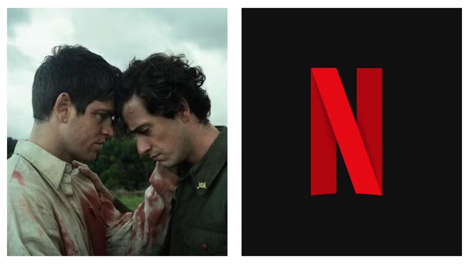 Two men with dark hair standing close outdoors under an overcast sky, with their foreheads touching; the man on the left wears a blood-stained light shirt, and the Netflix red "N" logo appears on a black background to the right.