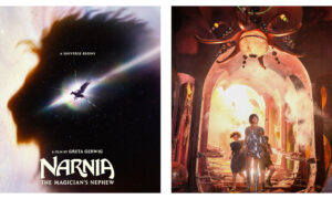 Two-panel promotional graphic for a film. The left panel features a large silhouette of a lion's profile against a starry cosmic background, with a bright light and a flying horse and rider crossing a rainbow beam, and text reading "A UNIVERSE BEGINS", "A FILM BY GRETA GERWIG", and "NARNIA THE MAGICIAN'S NEPHEW". The right panel shows a tall, ornate hall with a chandelier overhead, where a tall woman in a shimmering metallic dress stands in the center while children look on amidst smoke and debris.