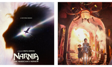 Two-panel promotional graphic for a film. The left panel features a large silhouette of a lion's profile against a starry cosmic background, with a bright light and a flying horse and rider crossing a rainbow beam, and text reading "A UNIVERSE BEGINS", "A FILM BY GRETA GERWIG", and "NARNIA THE MAGICIAN'S NEPHEW". The right panel shows a tall, ornate hall with a chandelier overhead, where a tall woman in a shimmering metallic dress stands in the center while children look on amidst smoke and debris.