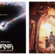 Two-panel promotional graphic for a film. The left panel features a large silhouette of a lion's profile against a starry cosmic background, with a bright light and a flying horse and rider crossing a rainbow beam, and text reading "A UNIVERSE BEGINS", "A FILM BY GRETA GERWIG", and "NARNIA THE MAGICIAN'S NEPHEW". The right panel shows a tall, ornate hall with a chandelier overhead, where a tall woman in a shimmering metallic dress stands in the center while children look on amidst smoke and debris.