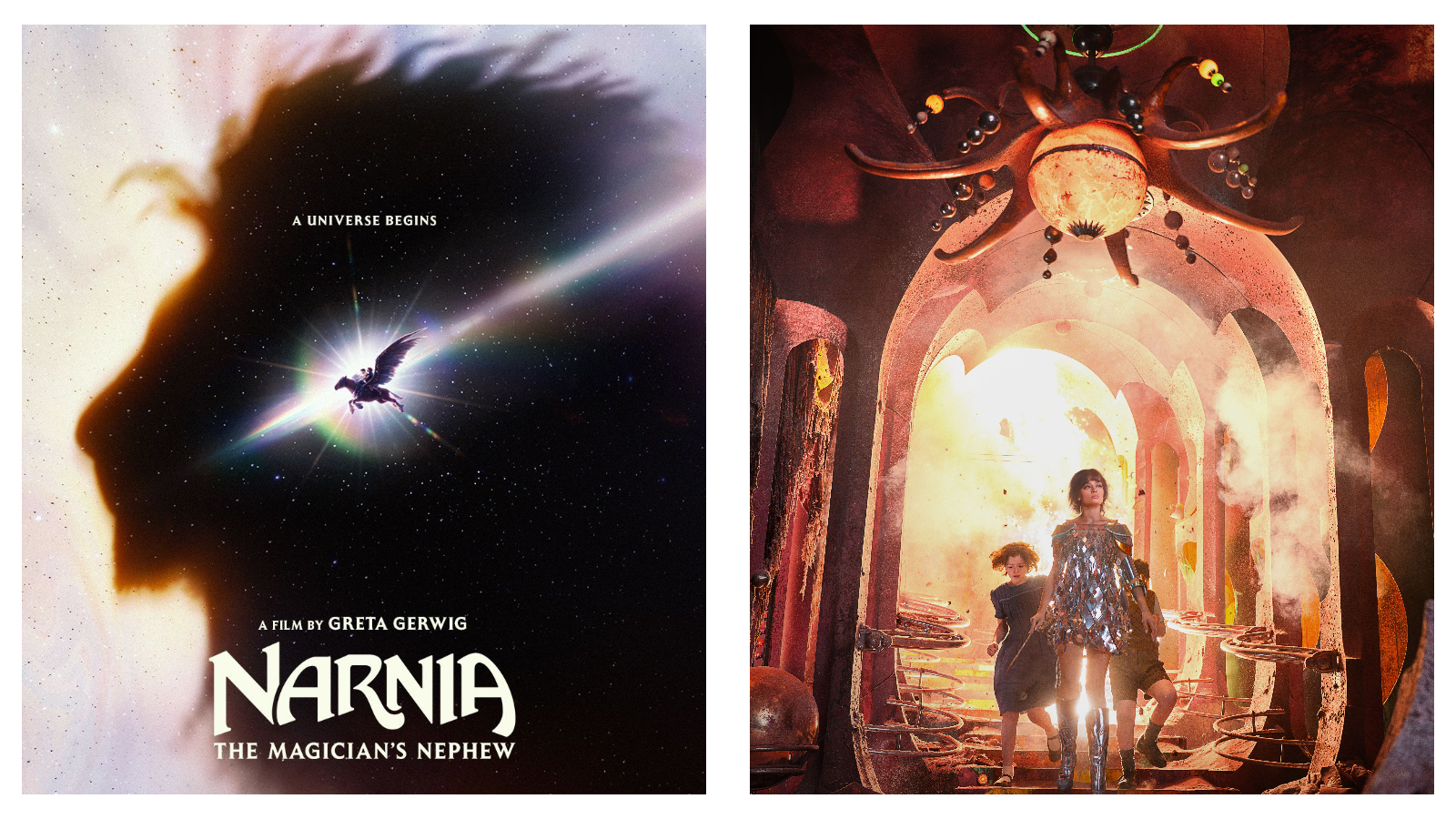 Two-panel promotional graphic for a film. The left panel features a large silhouette of a lion's profile against a starry cosmic background, with a bright light and a flying horse and rider crossing a rainbow beam, and text reading "A UNIVERSE BEGINS", "A FILM BY GRETA GERWIG", and "NARNIA THE MAGICIAN'S NEPHEW". The right panel shows a tall, ornate hall with a chandelier overhead, where a tall woman in a shimmering metallic dress stands in the center while children look on amidst smoke and debris.