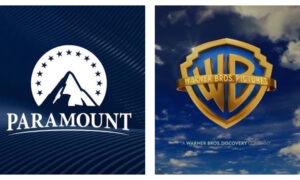 Two studio logos side by side: left, a white Paramount mountain silhouette encased in a ring of stars above "PARAMOUNT" on a blue textured background; right, a gold Warner Bros. shield over a blue sky with clouds reading "WARNER BROS. PICTURES" and "A WARNER BROS. DISCOVERY COMPANY".