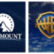 Two studio logos side by side: left, a white Paramount mountain silhouette encased in a ring of stars above "PARAMOUNT" on a blue textured background; right, a gold Warner Bros. shield over a blue sky with clouds reading "WARNER BROS. PICTURES" and "A WARNER BROS. DISCOVERY COMPANY".