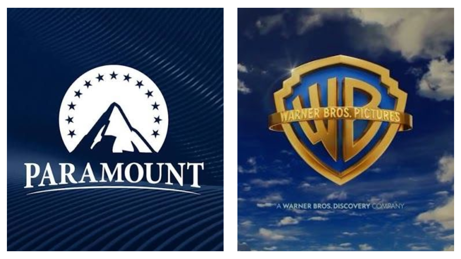 Two studio logos side by side: left, a white Paramount mountain silhouette encased in a ring of stars above "PARAMOUNT" on a blue textured background; right, a gold Warner Bros. shield over a blue sky with clouds reading "WARNER BROS. PICTURES" and "A WARNER BROS. DISCOVERY COMPANY".