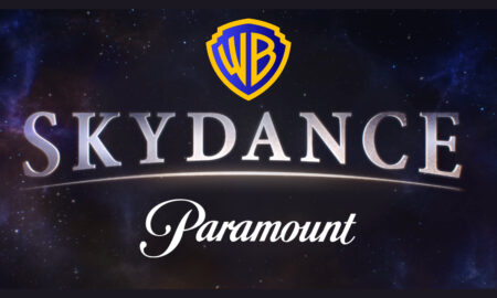 Combined logo graphic on a starry space background, featuring the yellow Warner Bros shield at the top, bold metallic text reading "SKYDANCE" in the center, and script text reading "Paramount" at the bottom.