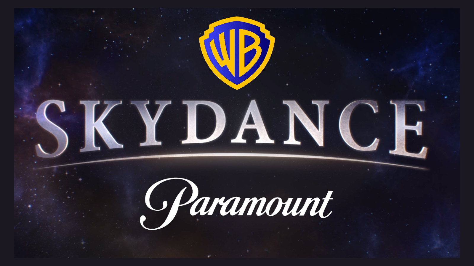 Combined logo graphic on a starry space background, featuring the yellow Warner Bros shield at the top, bold metallic text reading "SKYDANCE" in the center, and script text reading "Paramount" at the bottom.