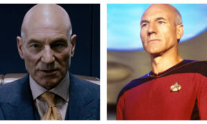 Patrick Stewart portrayed as Professor Charles Xavier in a blue suit on the left and as Captain Jean-Luc Picard in a red Starfleet uniform on the right.