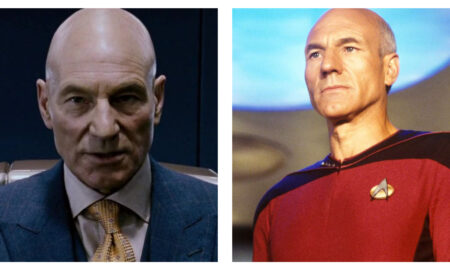 Patrick Stewart portrayed as Professor Charles Xavier in a blue suit on the left and as Captain Jean-Luc Picard in a red Starfleet uniform on the right.