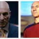 Patrick Stewart portrayed as Professor Charles Xavier in a blue suit on the left and as Captain Jean-Luc Picard in a red Starfleet uniform on the right.
