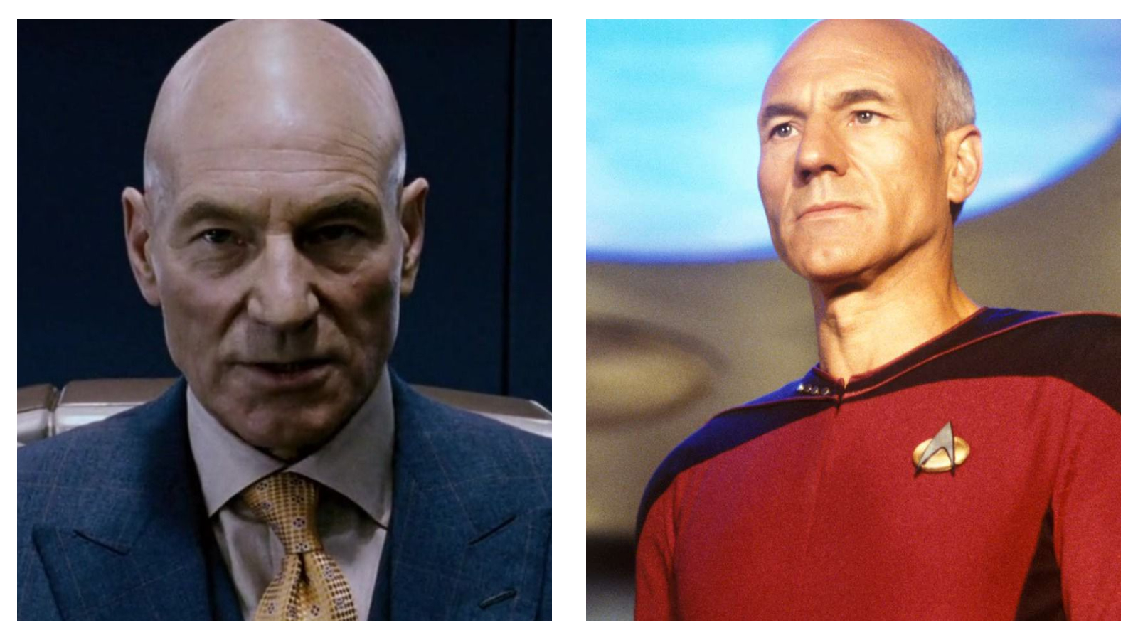 Patrick Stewart portrayed as Professor Charles Xavier in a blue suit on the left and as Captain Jean-Luc Picard in a red Starfleet uniform on the right.