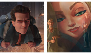 Side-by-side animated stills from Ray Gunn: on the left, a brown-haired man wearing a jetpack, dark shirt, red tie, and jacket flies above a illuminated futuristic city; on the right, a stylized portrait overlay of a woman with green eyes sits over the man holding a glass and a second man wearing round glasses.