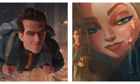 Side-by-side animated stills from Ray Gunn: on the left, a brown-haired man wearing a jetpack, dark shirt, red tie, and jacket flies above a illuminated futuristic city; on the right, a stylized portrait overlay of a woman with green eyes sits over the man holding a glass and a second man wearing round glasses.