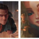 Side-by-side animated stills from Ray Gunn: on the left, a brown-haired man wearing a jetpack, dark shirt, red tie, and jacket flies above a illuminated futuristic city; on the right, a stylized portrait overlay of a woman with green eyes sits over the man holding a glass and a second man wearing round glasses.