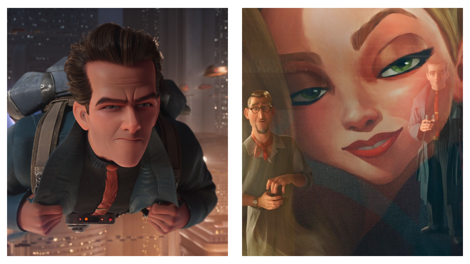 Side-by-side animated stills from Ray Gunn: on the left, a brown-haired man wearing a jetpack, dark shirt, red tie, and jacket flies above a illuminated futuristic city; on the right, a stylized portrait overlay of a woman with green eyes sits over the man holding a glass and a second man wearing round glasses.