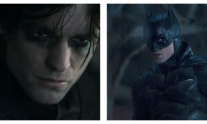 Close-up of Robert Pattinson as Bruce Wayne with dark eye makeup, alongside a medium shot of him wearing the Batman cowl and tactical armoured suit in a dimly lit, rainy setting.