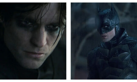 Close-up of Robert Pattinson as Bruce Wayne with dark eye makeup, alongside a medium shot of him wearing the Batman cowl and tactical armoured suit in a dimly lit, rainy setting.