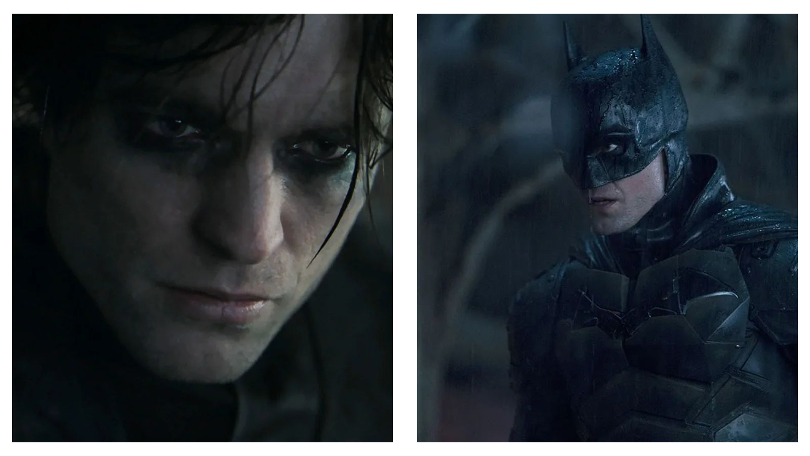 Close-up of Robert Pattinson as Bruce Wayne with dark eye makeup, alongside a medium shot of him wearing the Batman cowl and tactical armoured suit in a dimly lit, rainy setting.