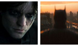 Close-up of Robert Pattinson as Bruce Wayne with dark, smudged eye makeup, paired with a silhouetted rear view of Batman overlooking a cityscape at sunrise.