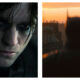 Close-up of Robert Pattinson as Bruce Wayne with dark, smudged eye makeup, paired with a silhouetted rear view of Batman overlooking a cityscape at sunrise.