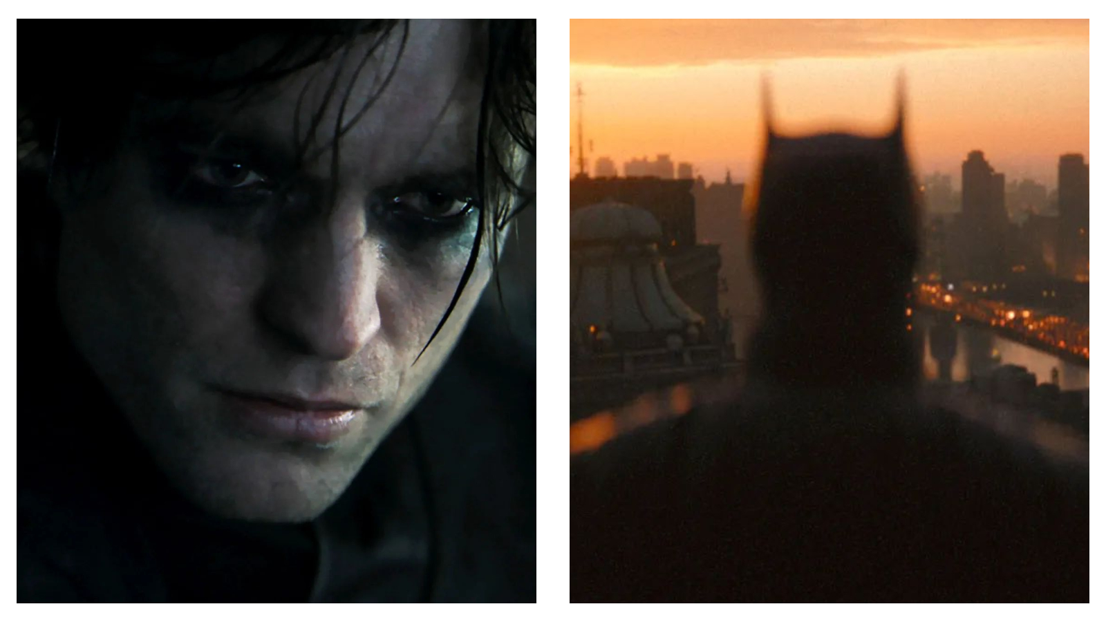 Close-up of Robert Pattinson as Bruce Wayne with dark, smudged eye makeup, paired with a silhouetted rear view of Batman overlooking a cityscape at sunrise.