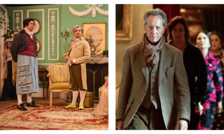 Two-panel image: On the left, Al Nash and George Fouracres wear Regency-era costumes in an ornate green room during an SNL UK sketch. On the right, Richard E. Grant wears a tweed suit and scarf in a scene from The Celebrity Traitors.