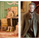 Two-panel image: On the left, Al Nash and George Fouracres wear Regency-era costumes in an ornate green room during an SNL UK sketch. On the right, Richard E. Grant wears a tweed suit and scarf in a scene from The Celebrity Traitors.
