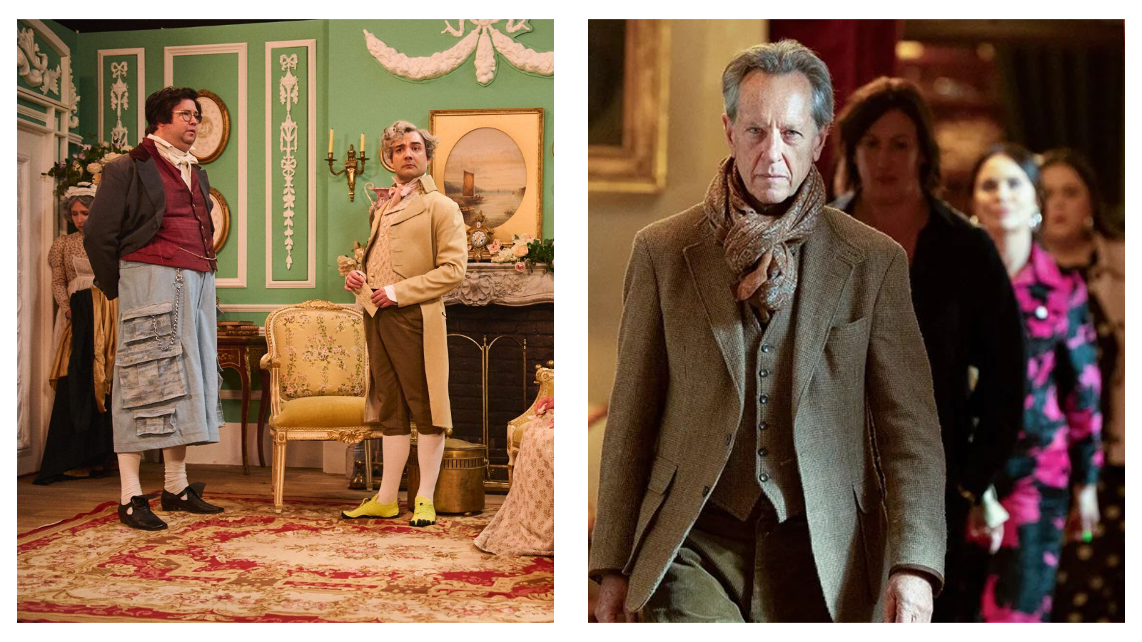 Two-panel image: On the left, Al Nash and George Fouracres wear Regency-era costumes in an ornate green room during an SNL UK sketch. On the right, Richard E. Grant wears a tweed suit and scarf in a scene from The Celebrity Traitors.