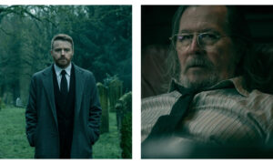 Side-by-side still from Slow Horses: on the left, Jack Lowden stands solemnly in a dark suit and grey overcoat in a misty graveyard; on the right, Gary Oldman wears wire-rimmed glasses and a loosely tied tie, looking forward with a weary expression in a dimly lit room.